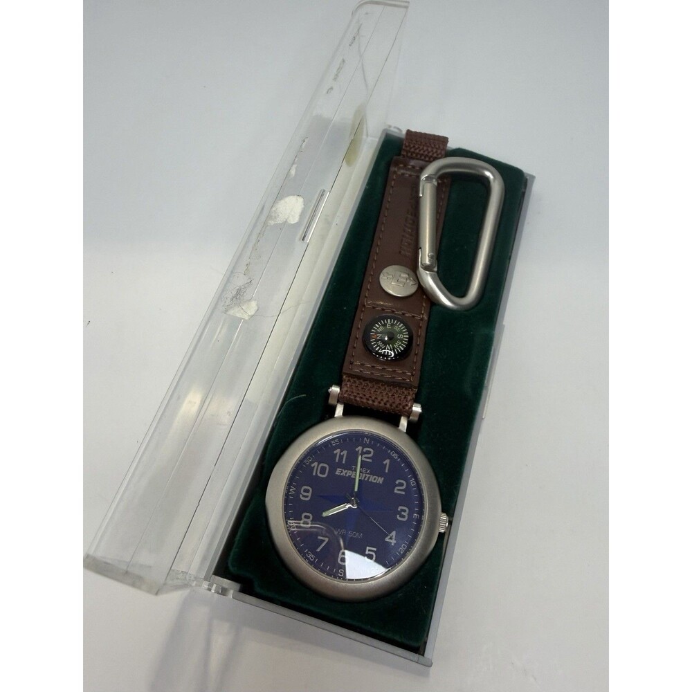 NIB VTG Timex Expedition Pocket Watch Silver Blue Dial Compass Carabiner